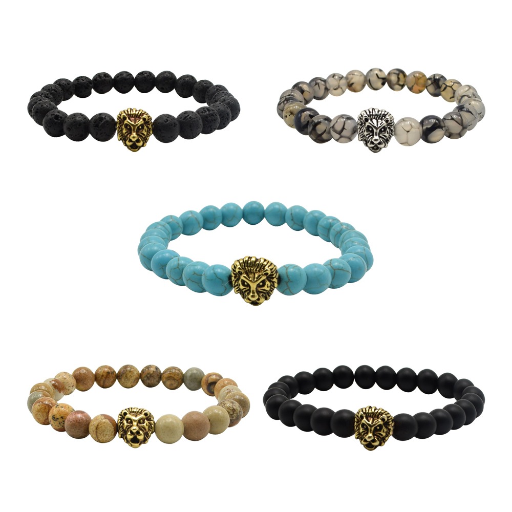 8mm Handmade Lion Head Gemstone Stretch Bracelets, Healing Bracelets (7 ...