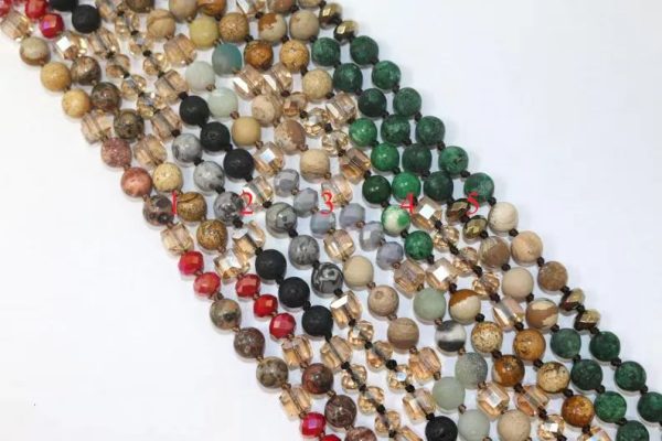 Handmade Gemstone with Crystals Knotted Necklace (36 Inches Long)