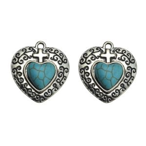 26x23.5mm Howlite Turquoise with Lead Free Pewter Heart Charm（B82396）