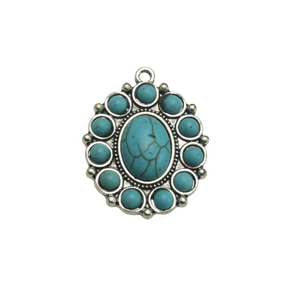 32.5x26mm Antique Silver Green Howlite Turquoise Lead Free Pewter Tibetan Boho Style Pendant（B79248）