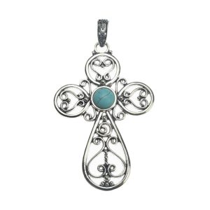 74x48mm Howlite Turquoise with Lead Free Pewter Cross Pendant（B39520）