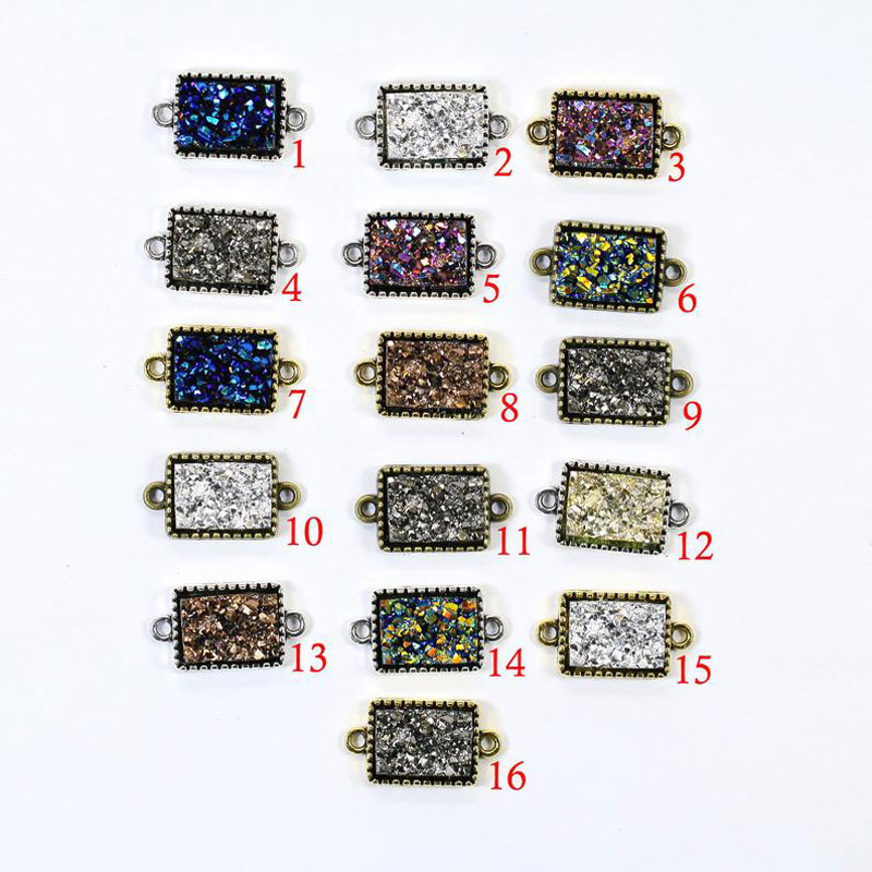 Bead Synthetic Rectangle Druzy Pewter Bezel Connector (16mmx13mm)