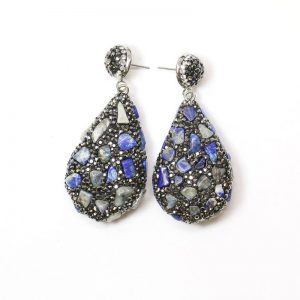 Lapiz Lazuli Puffy Teardrop with Pave Rhinestones Earring Pair (42mmx25mm)